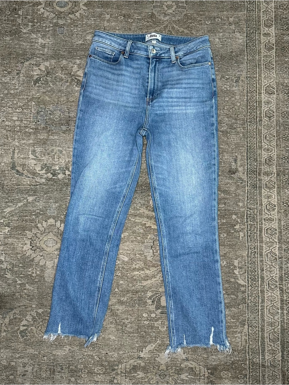 Paige Cindy Straight Jeans in Mel Blue Destroyed Hem Frayed Size 29